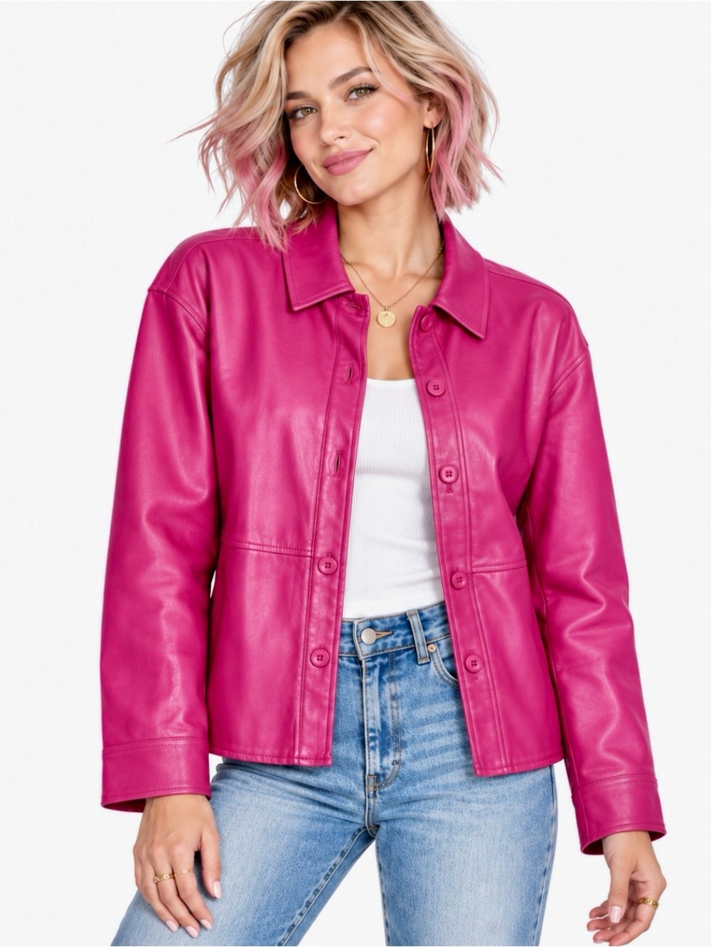 7 For All Mankind Pink Faux Leather Button Down Shacket Jacket Medium M